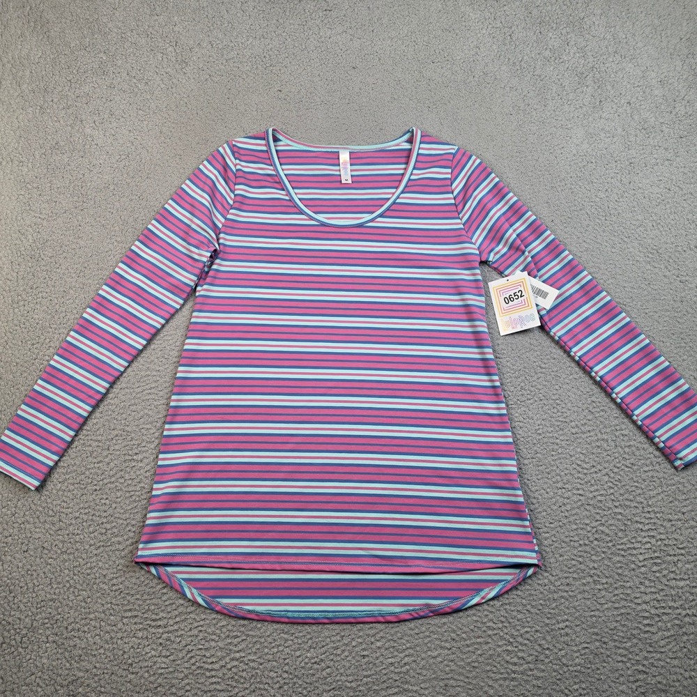 LuLaRoe Lynnae Top Womens Medium Pink Blue Striped Long Sleeve High Low NWT